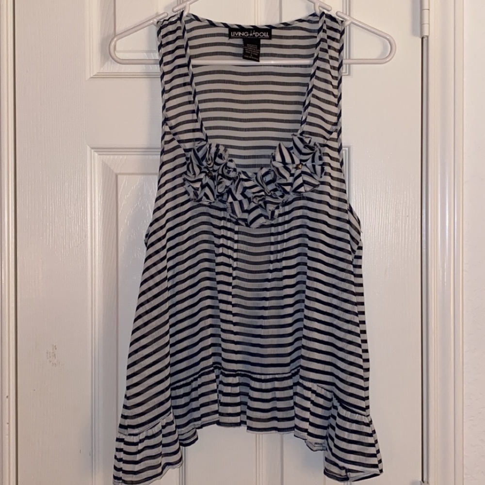 Navy Blue and White Sleeveless Tunic Top